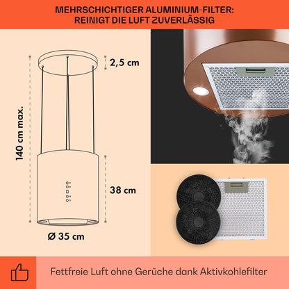 Klarstein Inselhaube Umluft, Leise Dunstabzugshaube für Kochinsel, Aktivkohlefilter, 558m³/h, Energieklasse B