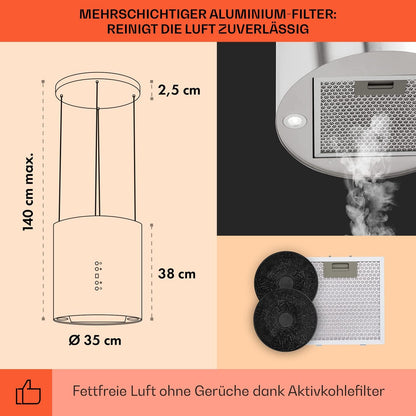 Klarstein Inselhaube Umluft, Leise Dunstabzugshaube für Kochinsel, Aktivkohlefilter, 558m³/h, Energieklasse B
