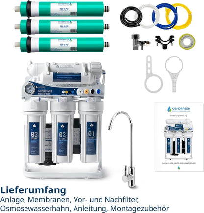 OsmoFresh Proline X3 Osmoseanlage, 600 GPD, 1,6l/min, unter Spüle, mit Osmosehahn, Premium Hersteller