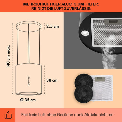 Klarstein Inselhaube Umluft, Leise Dunstabzugshaube für Kochinsel, Aktivkohlefilter, 558m³/h, Energieklasse B