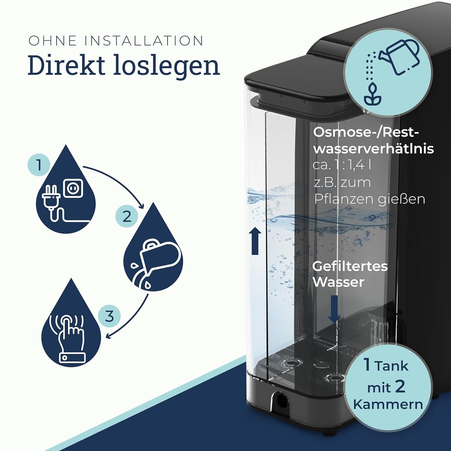 VILTARO® Osmoseanlage Trinkwasser, 5-stufiges Filtersystem, 6 Temperaturstufen, mobil ohne Wasseranschluss